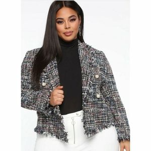 Black Multi Color Blazer with Pearl Detail Buttons